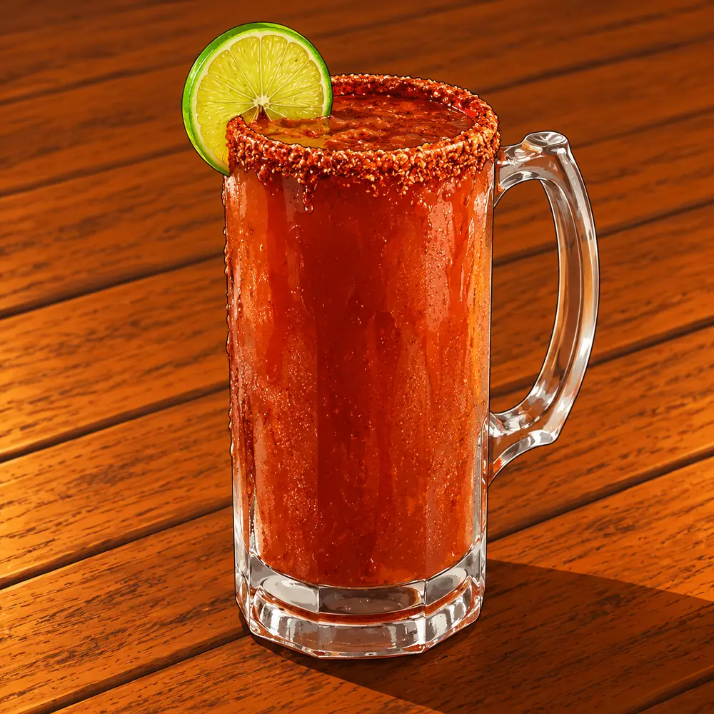Comic illustration of a michelada with a chile-salt rim