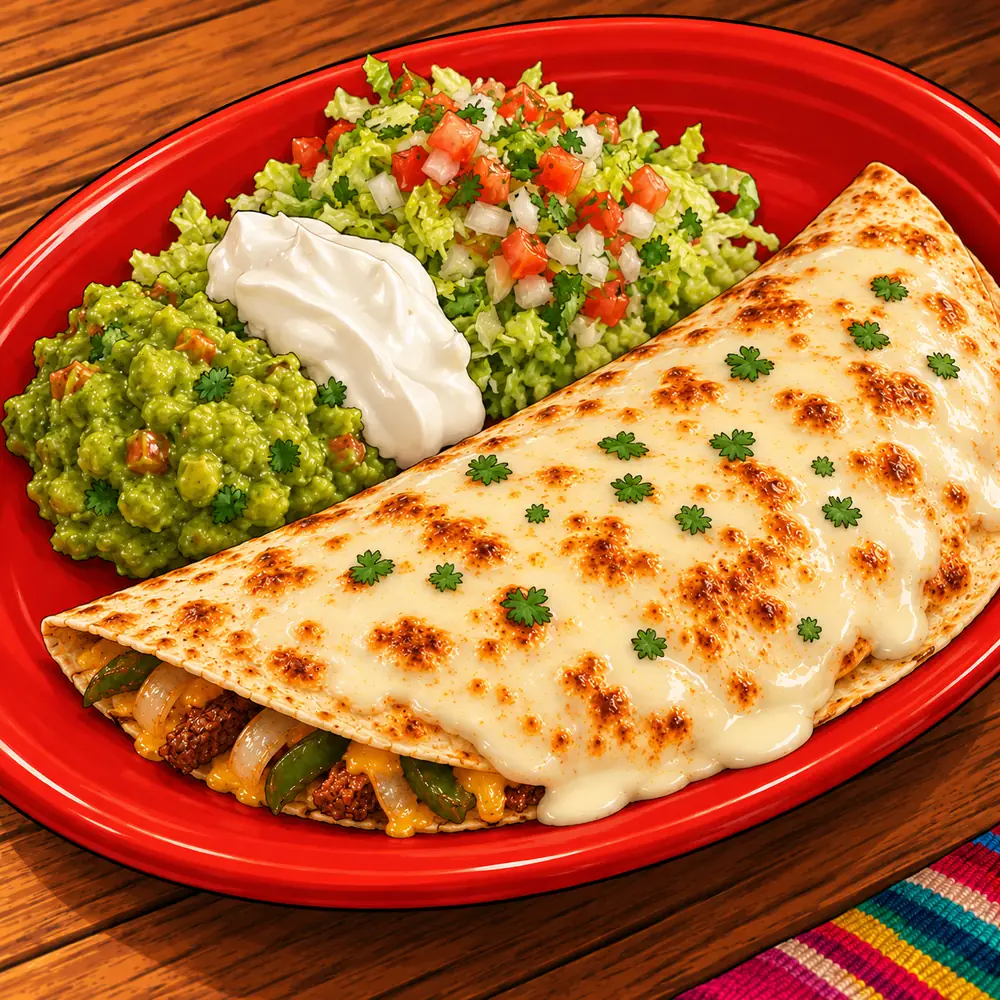 Comic illustration of a fajitas quesadilla with guacamole, sour cream and pico de gallo